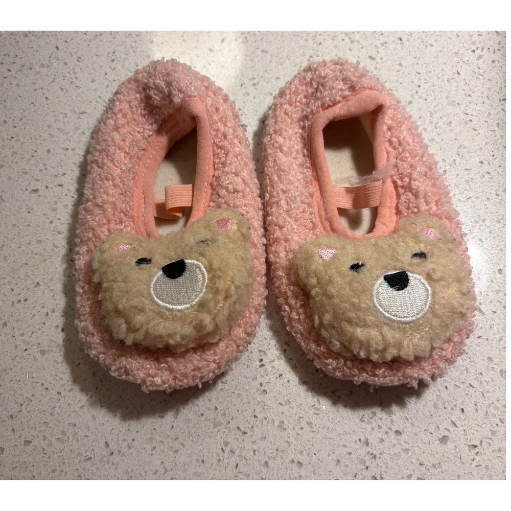 Pink Sherpa Bear Slippers Baby Toddler Fuzzy Non-Slip House Shoes 5.75